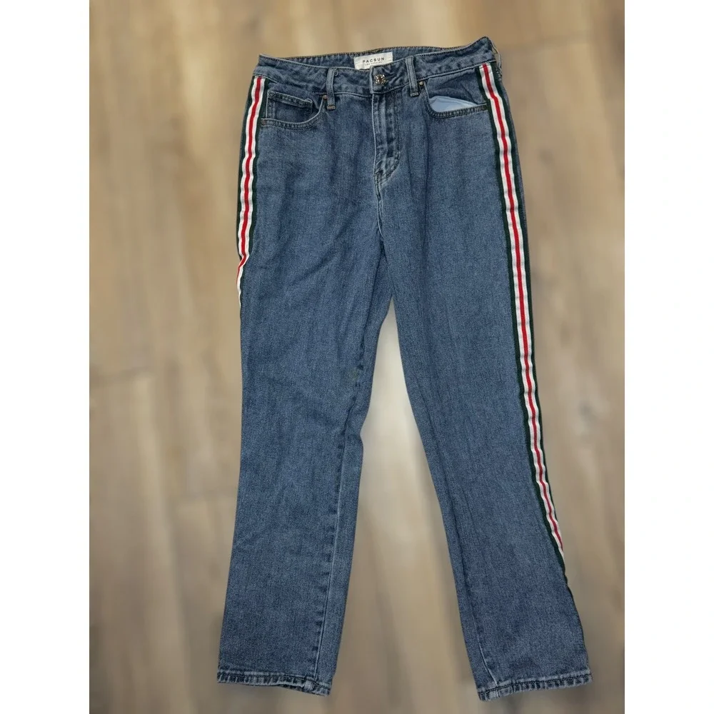 PacSun Mon Jean Blue Denim Side Stripe Straight Leg Womens Stylish Jeans Size 26 - Picture 2 of 8